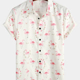 Casual Shirt with Pink Flamingo Print, Short Sleeves