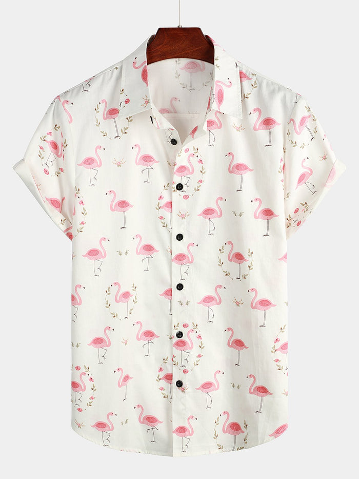 Casual Shirt with Pink Flamingo Print, Short Sleeves
