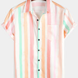 Pink and White Vertical Striped Button-Up Rainbow Short-Sleeve Summer Shirt