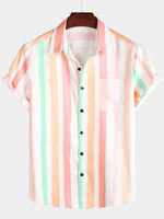 Pink and White Vertical Striped Button-Up Rainbow Short-Sleeve Summer Shirt