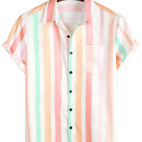 Men's Summer Cotton Shirt in Pink-White Vertical Stripes with Buttons and Pocket, Short Sleeve