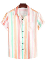 Men's Summer Cotton Shirt in Pink-White Vertical Stripes with Buttons and Pocket, Short Sleeve