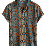 Men's 1970s Cotton Short-Sleeve Shirt with Buttons and Aztec Pattern