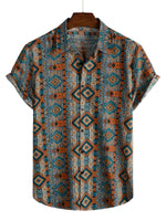Men's 1970s Cotton Short-Sleeve Shirt with Buttons and Aztec Pattern