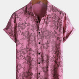 Hawaiian Short-Sleeve Button Breathable Shirt, Pink Floral Print