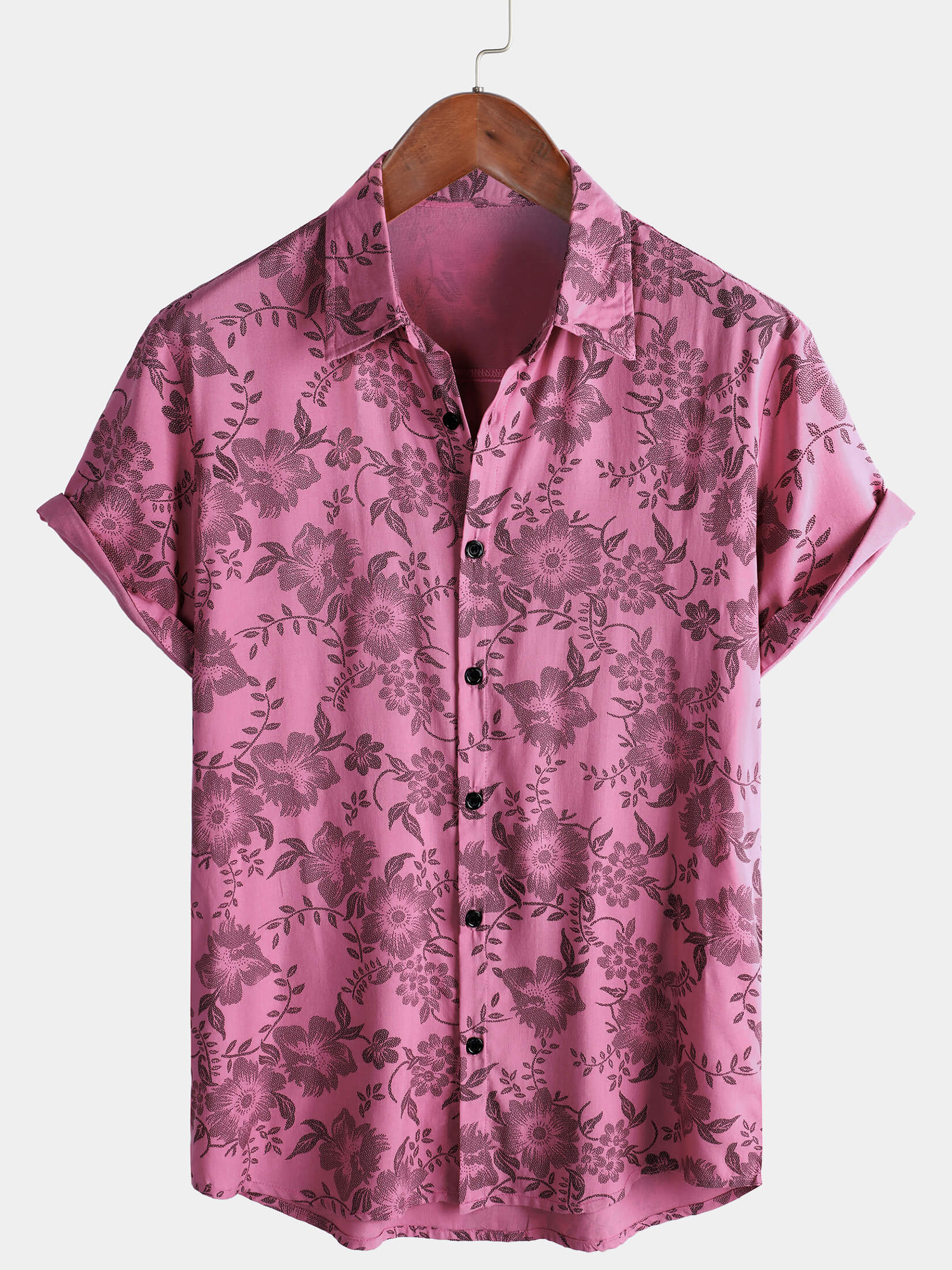Hawaiian Short-Sleeve Button Breathable Shirt, Pink Floral Print