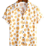 Men's Summer Shirt with Short Sleeves in Hawaiian Style in Blue with Daisy Flowers