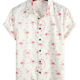 Short Sleeve Cotton Shirt with Pink Flamingo Print for Men