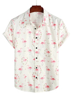 Short Sleeve Cotton Shirt with Pink Flamingo Print for Men