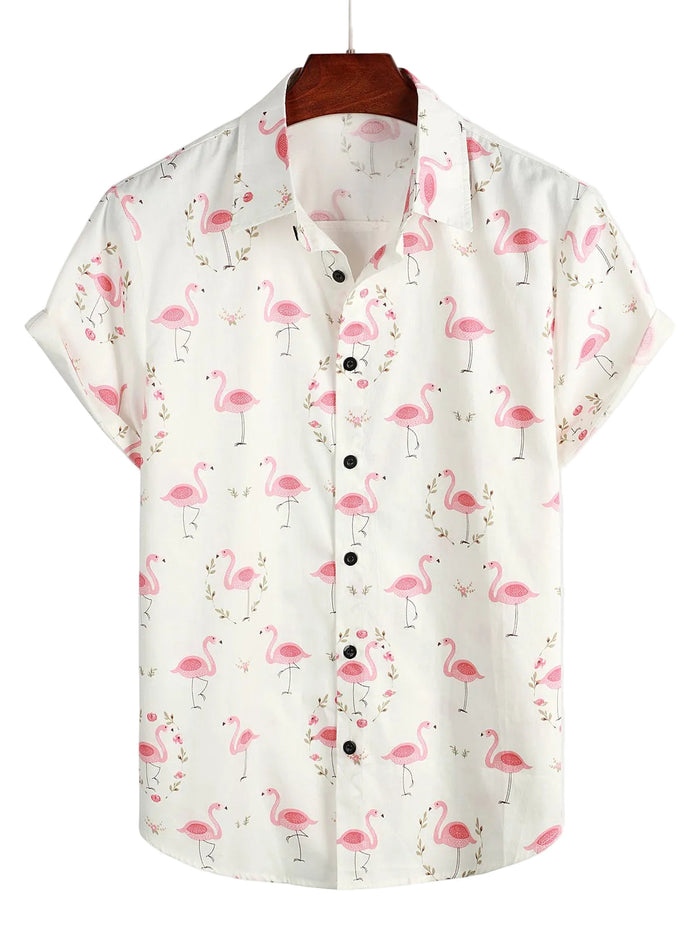 Short Sleeve Cotton Shirt with Pink Flamingo Print for Men