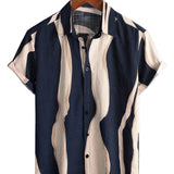 Men's Retro Style Navy Cotton Striped Shirt for Summer with Short Sleeve and Buttons