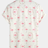 Casual Shirt with Pink Flamingo Print, Short Sleeves