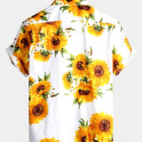 Short-Sleeve Vintage Art Button Pocket Sunflower Shirt