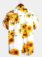 Short-Sleeve Vintage Art Button Pocket Sunflower Shirt