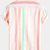 Pink and White Vertical Striped Button-Up Rainbow Short-Sleeve Summer Shirt