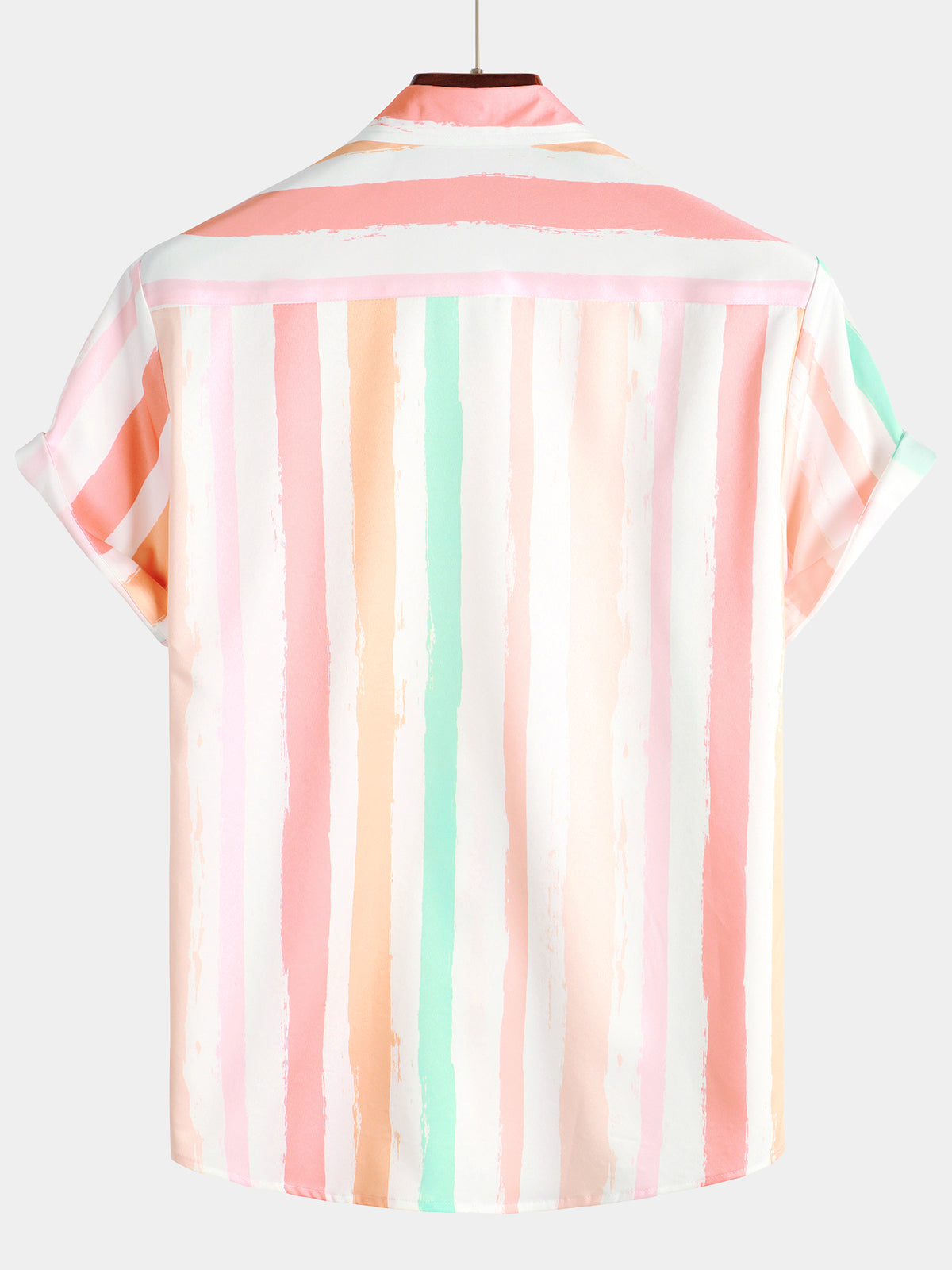 Pink and White Vertical Striped Button-Up Rainbow Short-Sleeve Summer Shirt