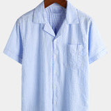 Blue Striped Cuban Collar Short-Sleeve Beach Shirt