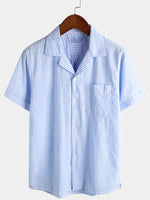Blue Striped Cuban Collar Short-Sleeve Beach Shirt