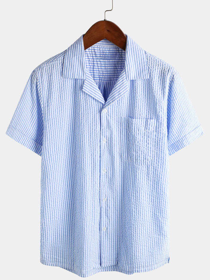 Blue Striped Cuban Collar Short-Sleeve Beach Shirt