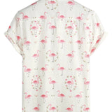 Short Sleeve Cotton Shirt with Pink Flamingo Print for Men