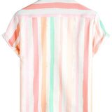 Men's Summer Cotton Shirt in Pink-White Vertical Stripes with Buttons and Pocket, Short Sleeve