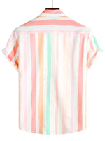 Men's Summer Cotton Shirt in Pink-White Vertical Stripes with Buttons and Pocket, Short Sleeve