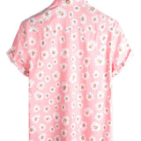 Men's Hawaiian-Style Cotton Short-Sleeve Shirt in Pink with Daisies