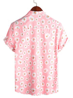 Men's Hawaiian-Style Cotton Short-Sleeve Shirt in Pink with Daisies