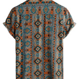 Men's 1970s Cotton Short-Sleeve Shirt with Buttons and Aztec Pattern