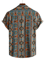 Men's 1970s Cotton Short-Sleeve Shirt with Buttons and Aztec Pattern