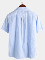Blue Striped Cuban Collar Short-Sleeve Beach Shirt