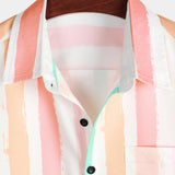 Pink and White Vertical Striped Button-Up Rainbow Short-Sleeve Summer Shirt