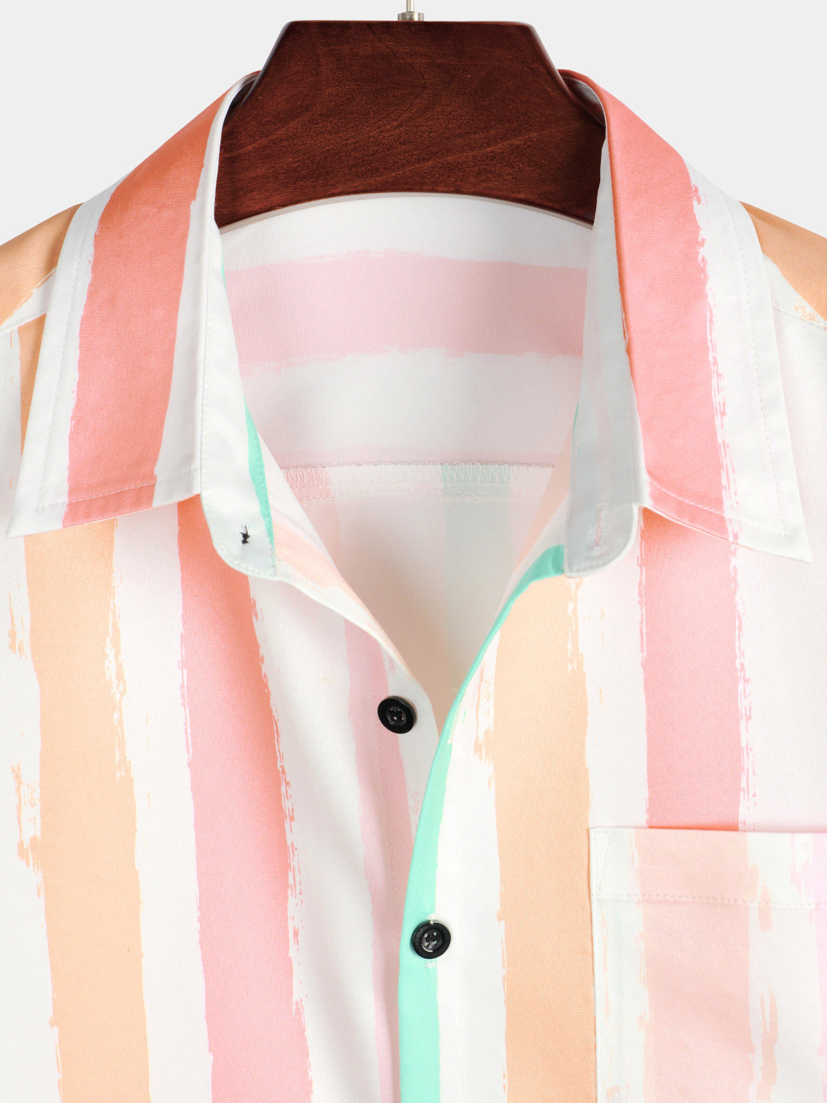 Pink and White Vertical Striped Button-Up Rainbow Short-Sleeve Summer Shirt