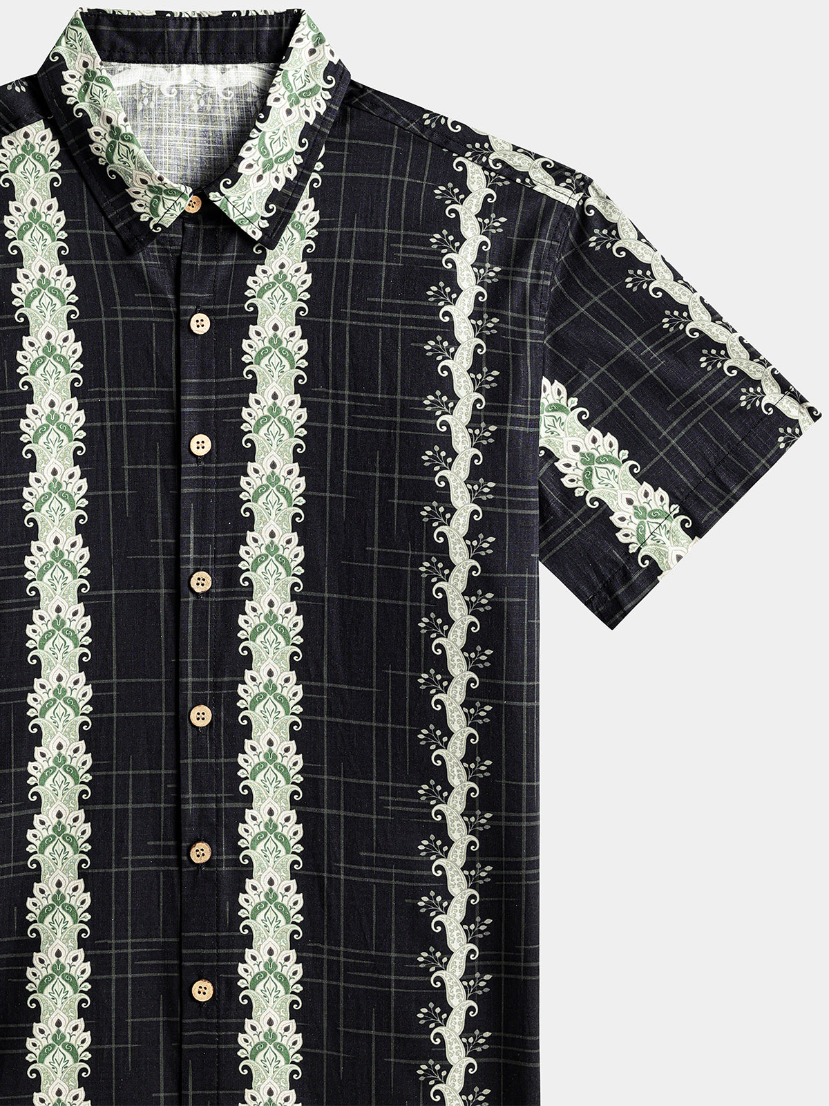 Vintage Hawaiian Style Striped Botanical Pattern Shirt