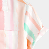 Pink and White Vertical Striped Button-Up Rainbow Short-Sleeve Summer Shirt