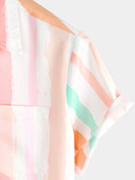 Pink and White Vertical Striped Button-Up Rainbow Short-Sleeve Summer Shirt