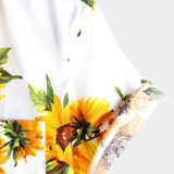 Short-Sleeve Vintage Art Button Pocket Sunflower Shirt