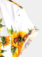 Short-Sleeve Vintage Art Button Pocket Sunflower Shirt