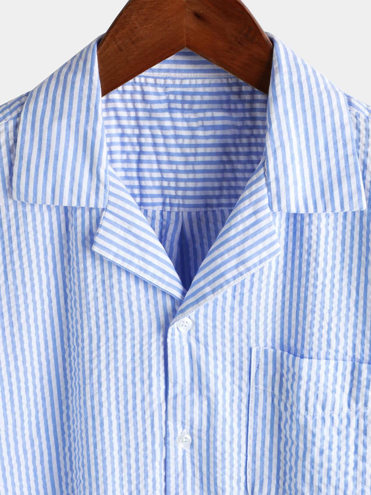 Blue Striped Cuban Collar Short-Sleeve Beach Shirt