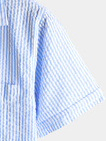 Blue Striped Cuban Collar Short-Sleeve Beach Shirt
