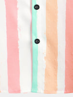 Pink and White Vertical Striped Button-Up Rainbow Short-Sleeve Summer Shirt