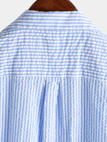 Blue Striped Cuban Collar Short-Sleeve Beach Shirt