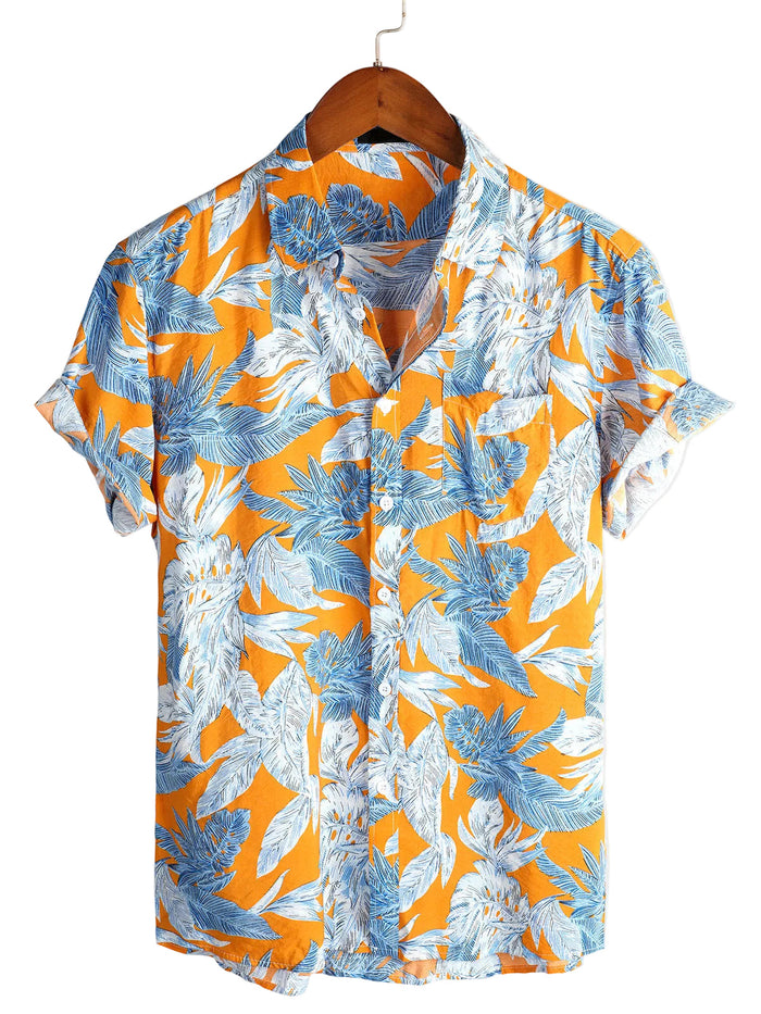 Short Sleeve Cotton Shirt with Tropical Leaf Pattern for Men
