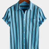 Button-Up Short Sleeve Striped Shirt with Pocket, Casual Hawaiian Vacation