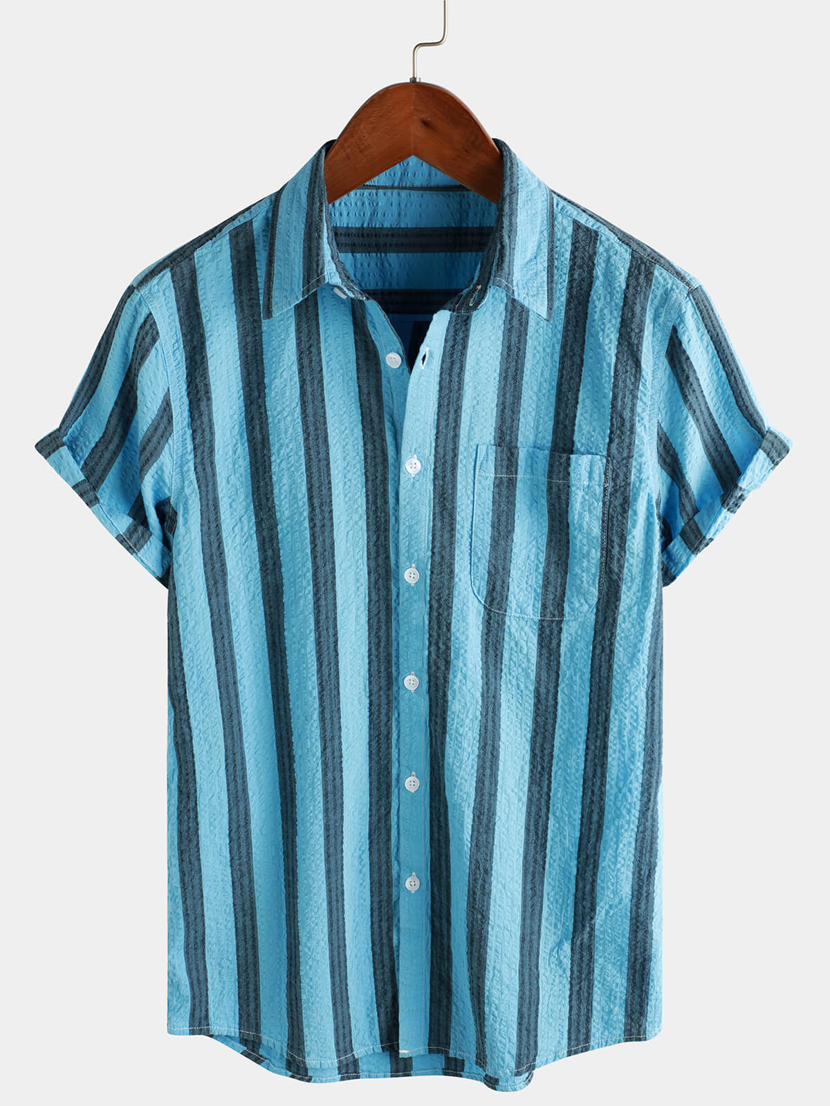 Button-Up Short Sleeve Striped Shirt with Pocket, Casual Hawaiian Vacation