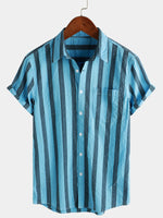Button-Up Short Sleeve Striped Shirt with Pocket, Casual Hawaiian Vacation