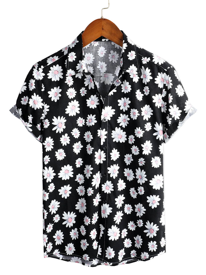 Black Short-Sleeve Hawaiian Cotton Shirt for Men