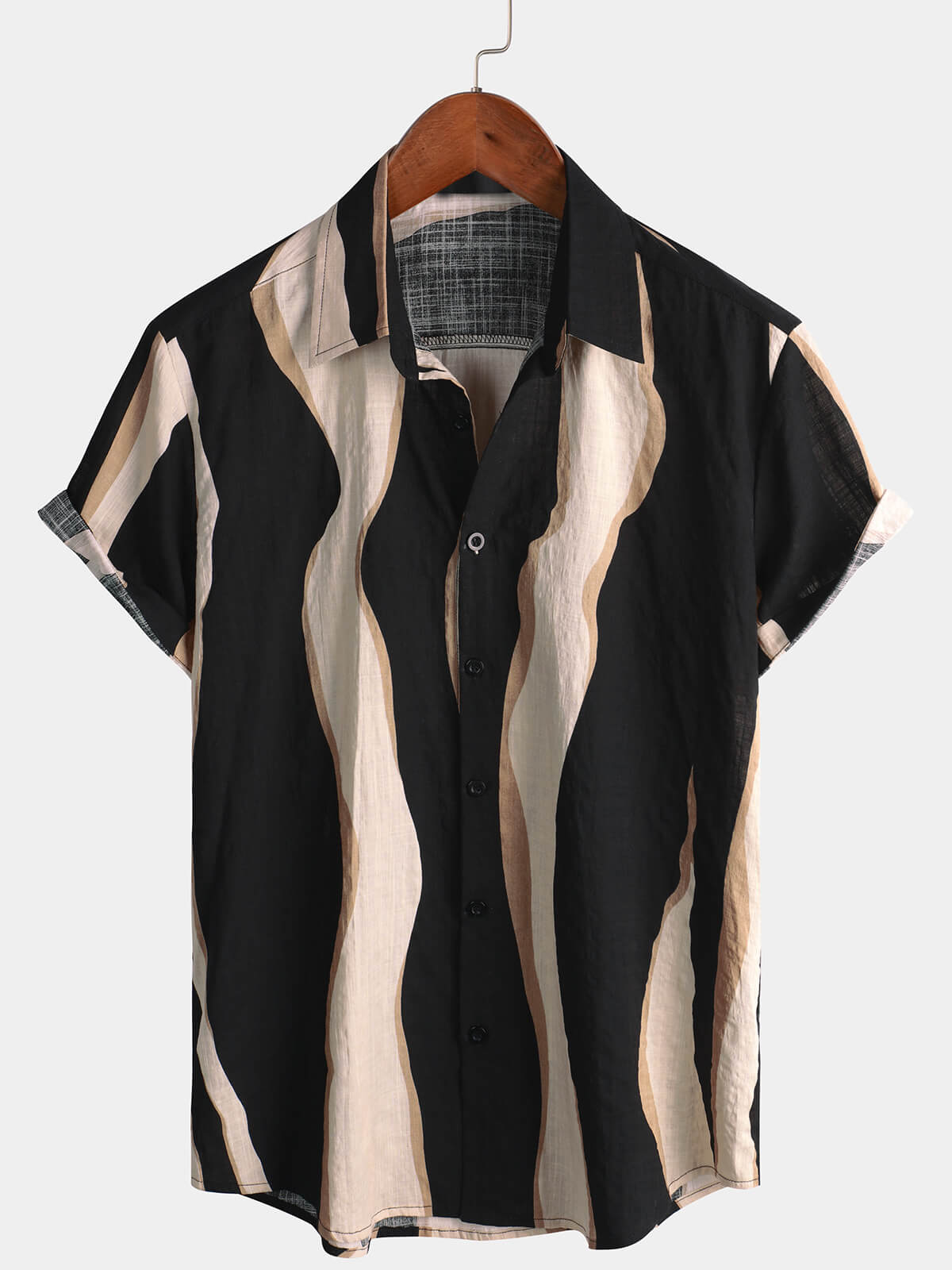 Black Button-Up Short Sleeve Casual Striped Shirt
