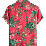 Men's Hawaiian-Style Cotton Short-Sleeve Shirt with Red Flowers