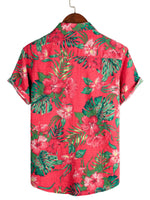 Men's Hawaiian-Style Cotton Short-Sleeve Shirt with Red Flowers